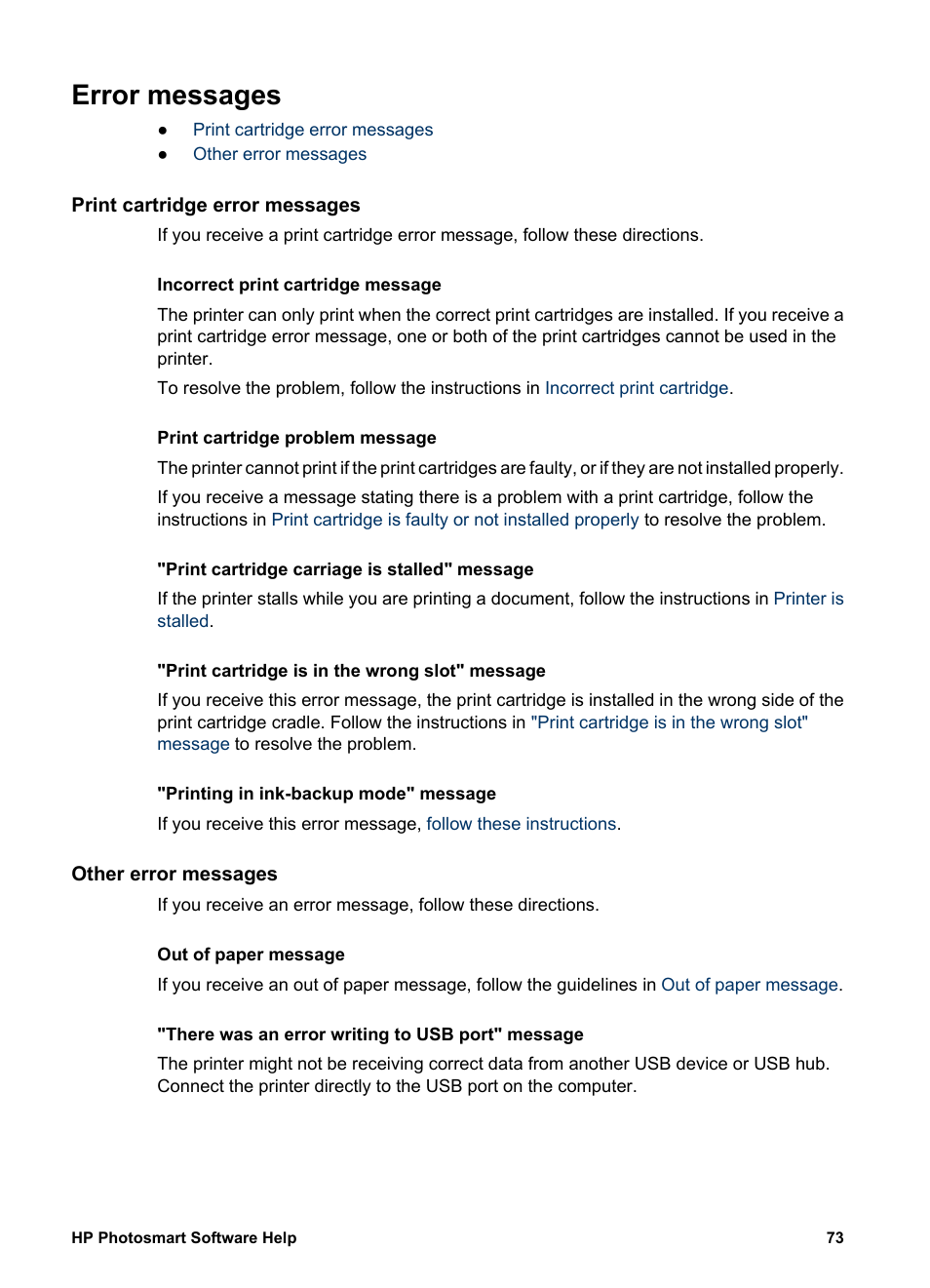 Error messages, Print cartridge error messages, Other error messages | HP Deskjet D2345 Printer User Manual | Page 75 / 88