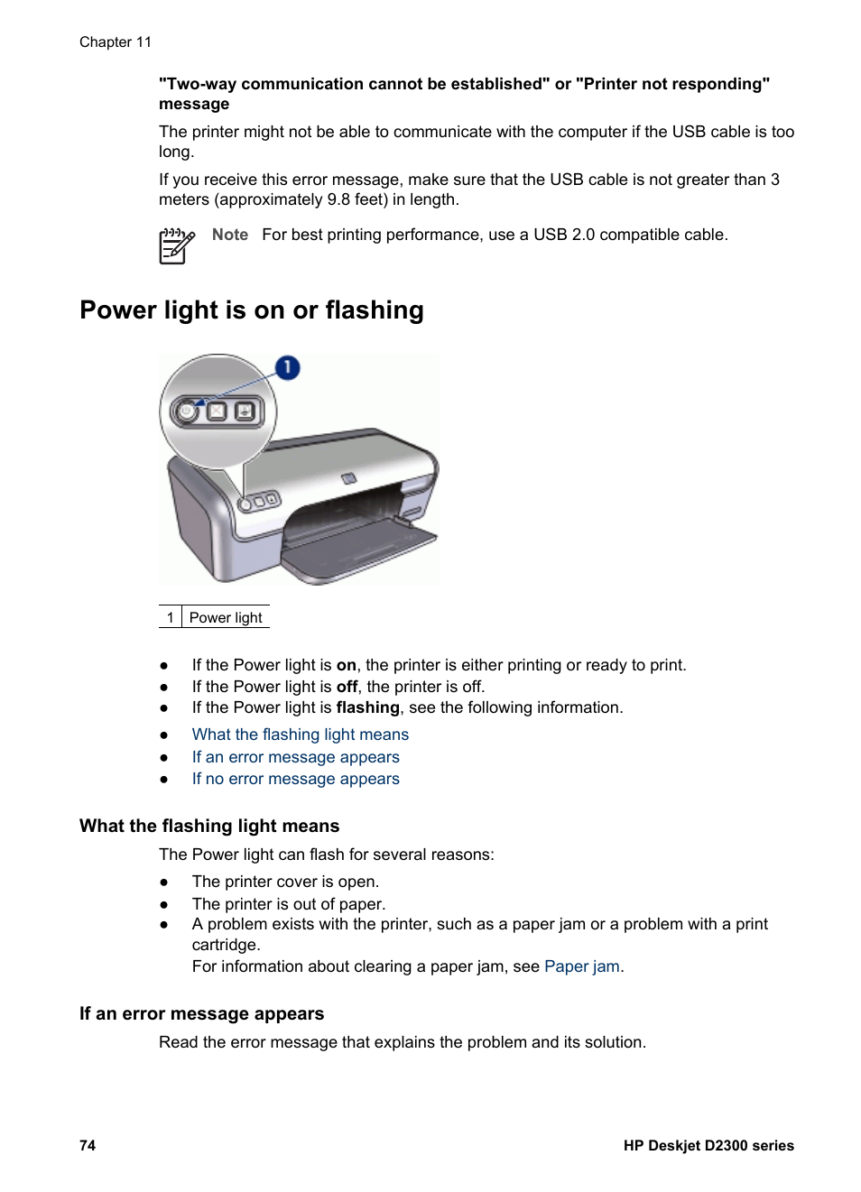 Power light is on or flashing, What the flashing light means, If an error message appears | HP Deskjet D2345 Printer User Manual | Page 76 / 88
