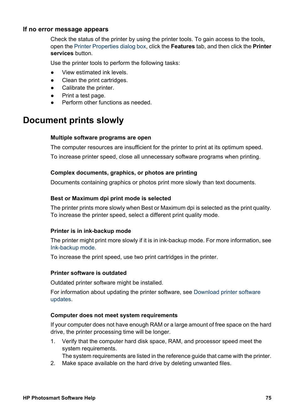 If no error message appears, Document prints slowly | HP Deskjet D2345 Printer User Manual | Page 77 / 88