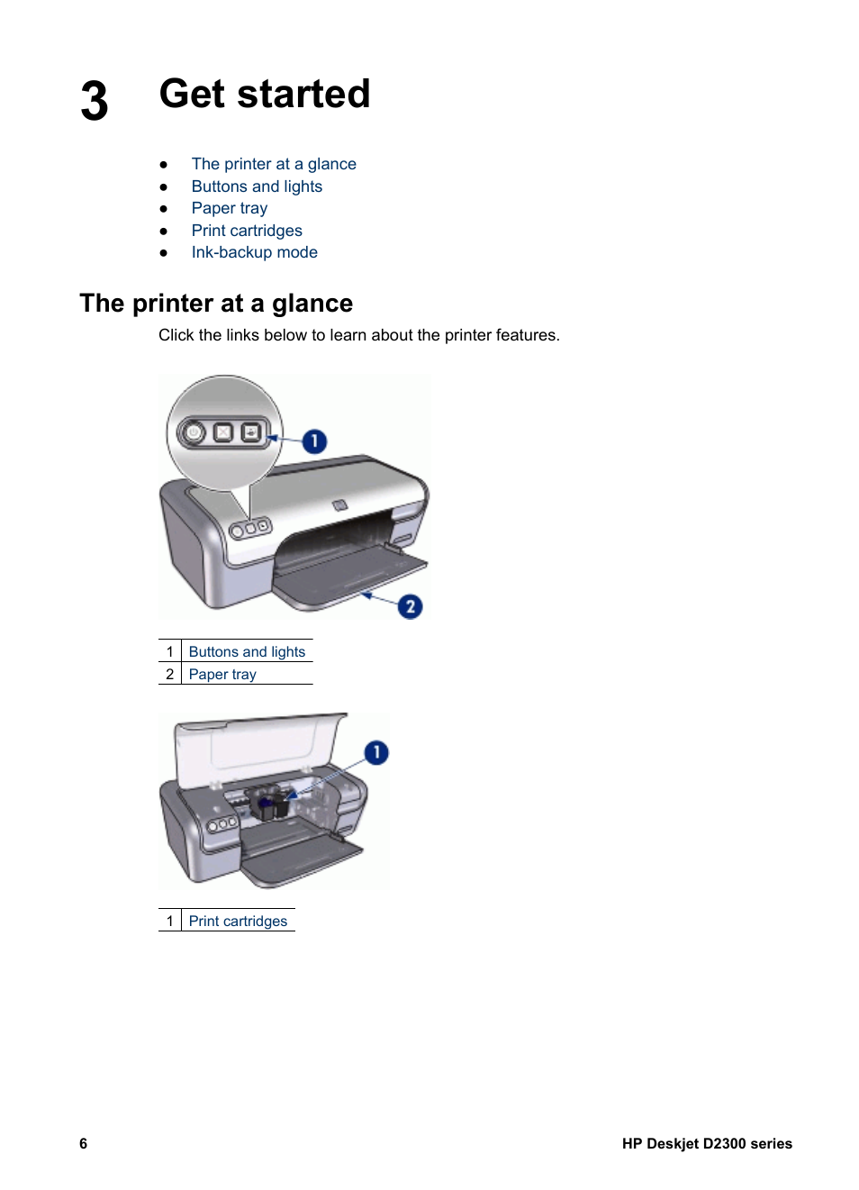 Get started, The printer at a glance, Get started the printer at a glance | HP Deskjet D2345 Printer User Manual | Page 8 / 88