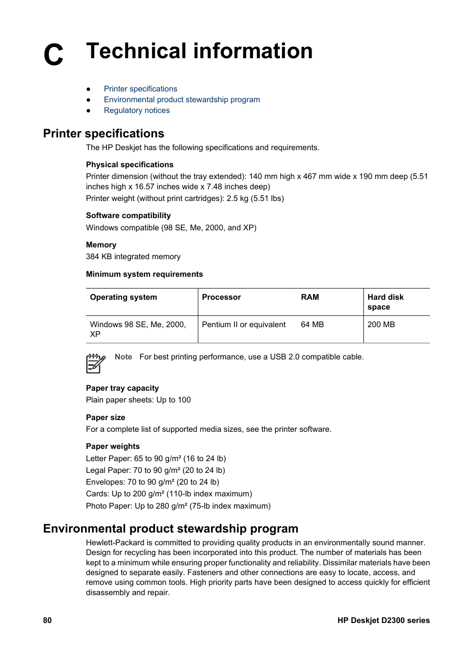 Technical information, Printer specifications, Environmental product stewardship program | Printer, Specifications, Paper weight | HP Deskjet D2345 Printer User Manual | Page 82 / 88