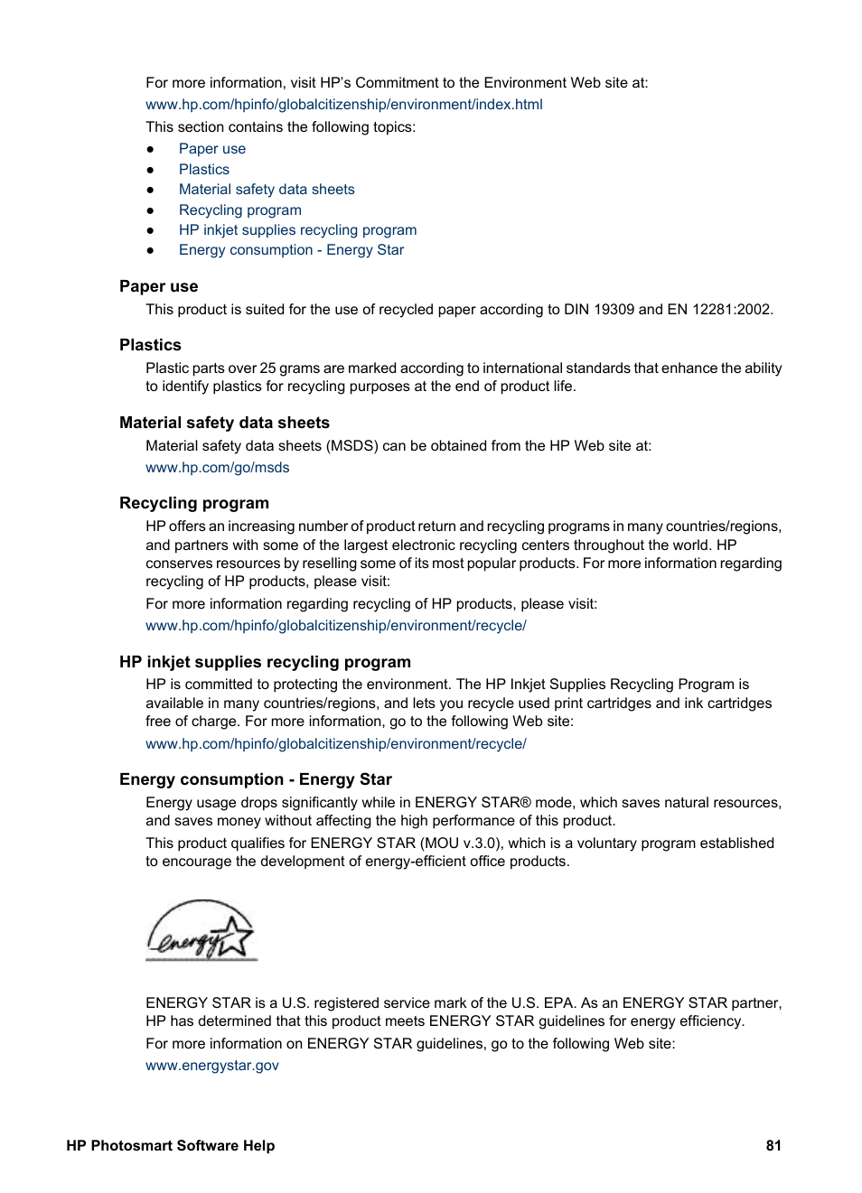 Paper use, Plastics, Material safety data sheets | Recycling program, Hp inkjet supplies recycling program, Energy consumption - energy star, Hp inkjet supplies recycling, Program | HP Deskjet D2345 Printer User Manual | Page 83 / 88