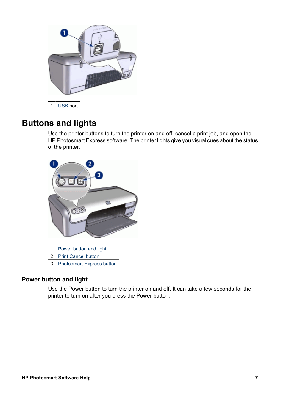 Buttons and lights, Power button and light | HP Deskjet D2345 Printer User Manual | Page 9 / 88