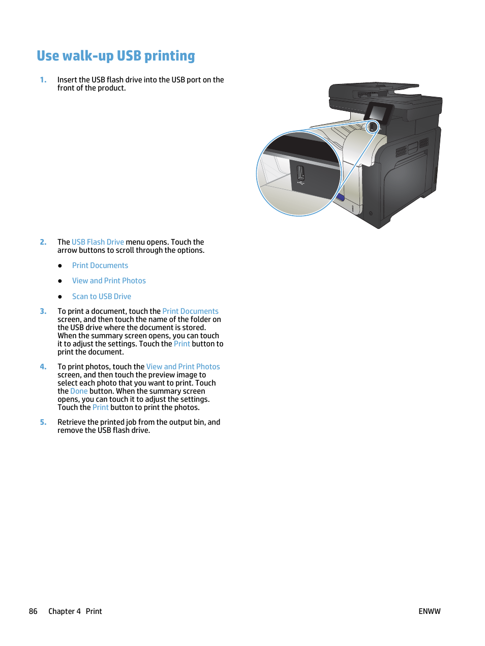 Use walk-up usb printing | HP LaserJet Pro 500 Color MFP M570 User Manual | Page 100 / 252