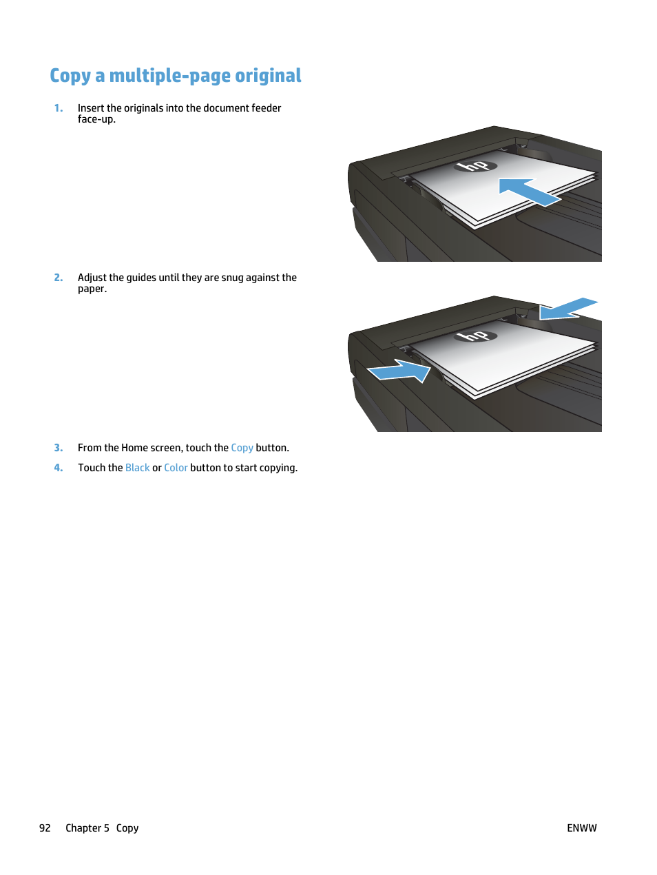 Copy a multiple-page original | HP LaserJet Pro 500 Color MFP M570 User Manual | Page 106 / 252