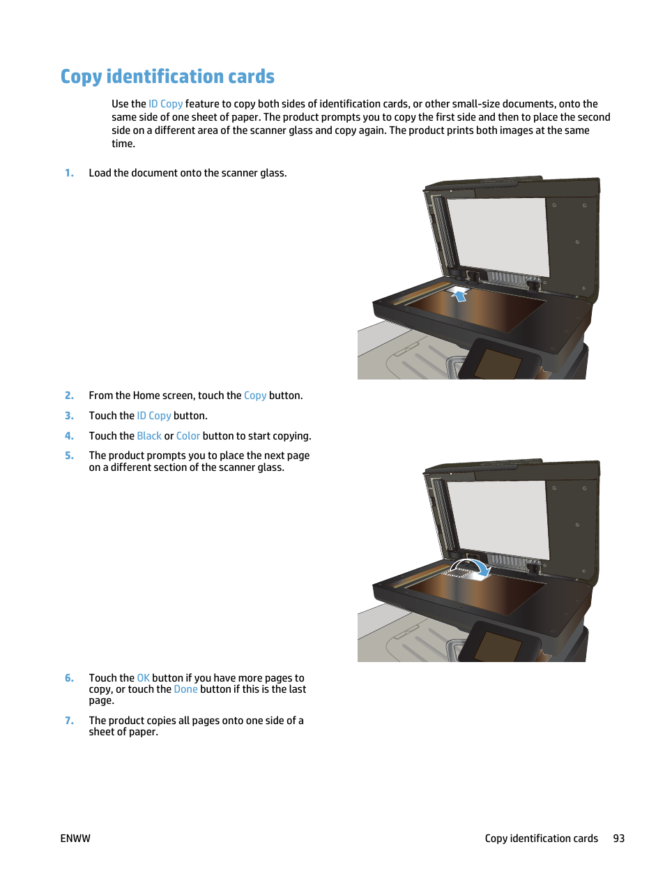 Copy identification cards | HP LaserJet Pro 500 Color MFP M570 User Manual | Page 107 / 252