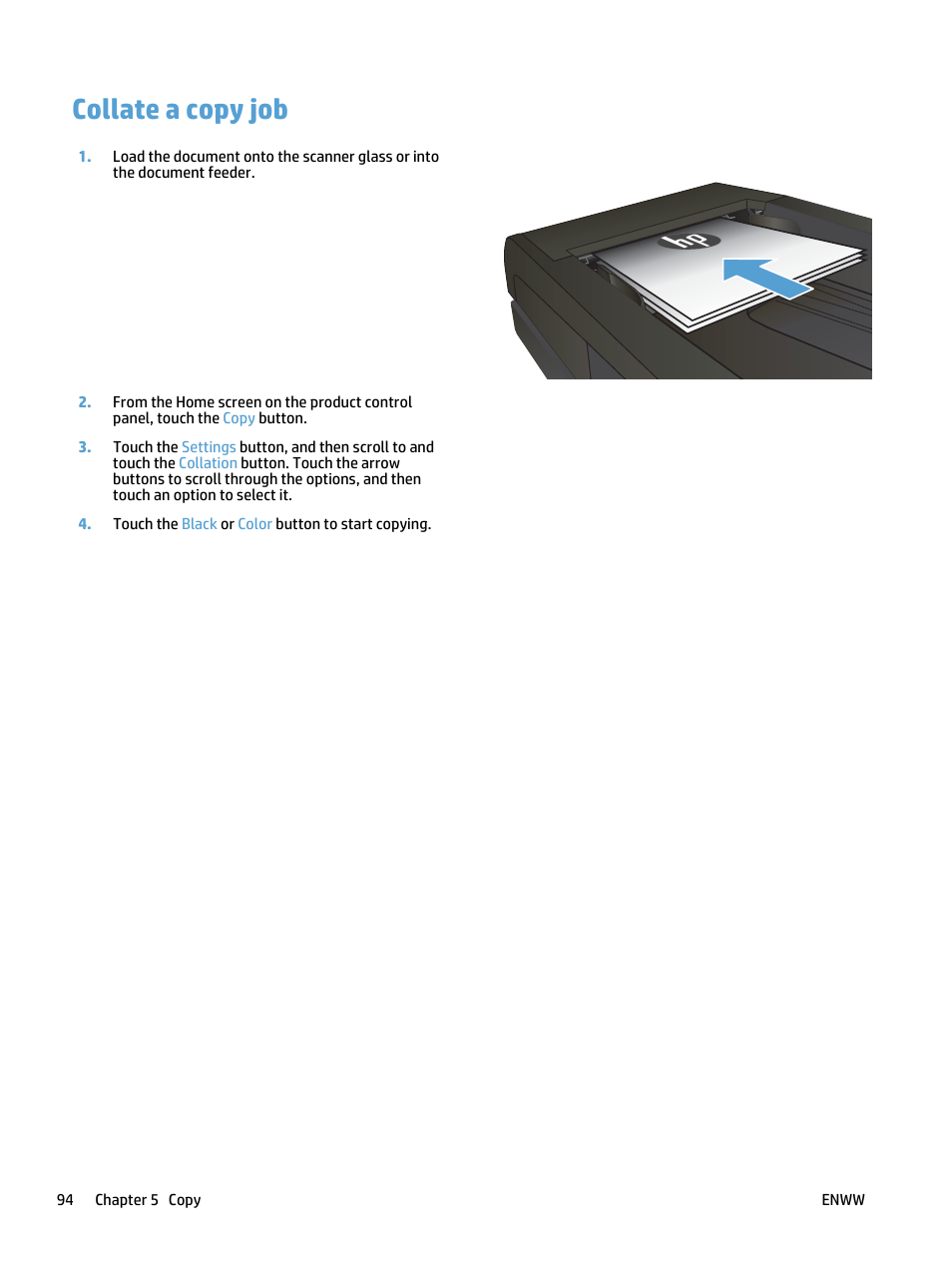 Collate a copy job | HP LaserJet Pro 500 Color MFP M570 User Manual | Page 108 / 252