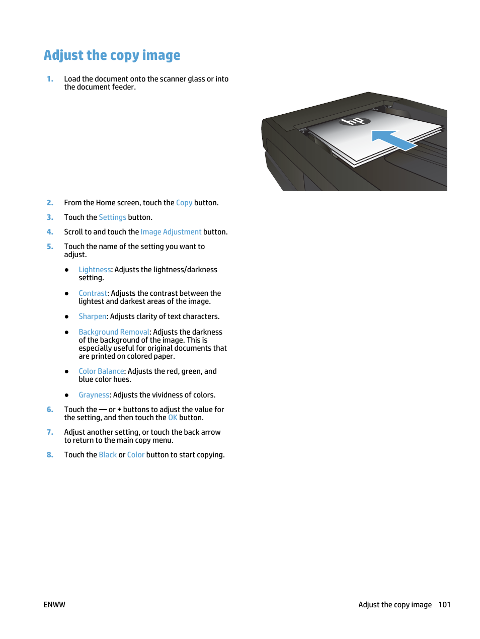 Adjust the copy image | HP LaserJet Pro 500 Color MFP M570 User Manual | Page 115 / 252