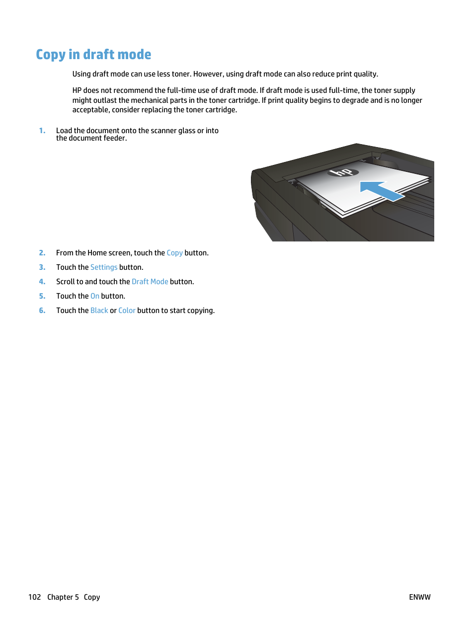 Copy in draft mode | HP LaserJet Pro 500 Color MFP M570 User Manual | Page 116 / 252