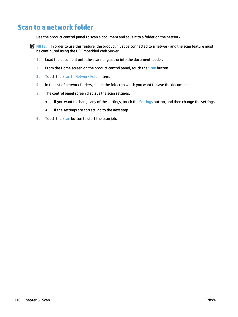 Scan to a network folder | HP LaserJet Pro 500 Color MFP M570 User Manual | Page 124 / 252