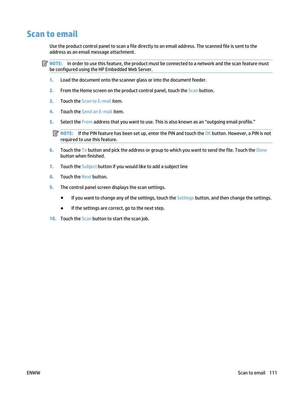 Scan to email | HP LaserJet Pro 500 Color MFP M570 User Manual | Page 125 / 252