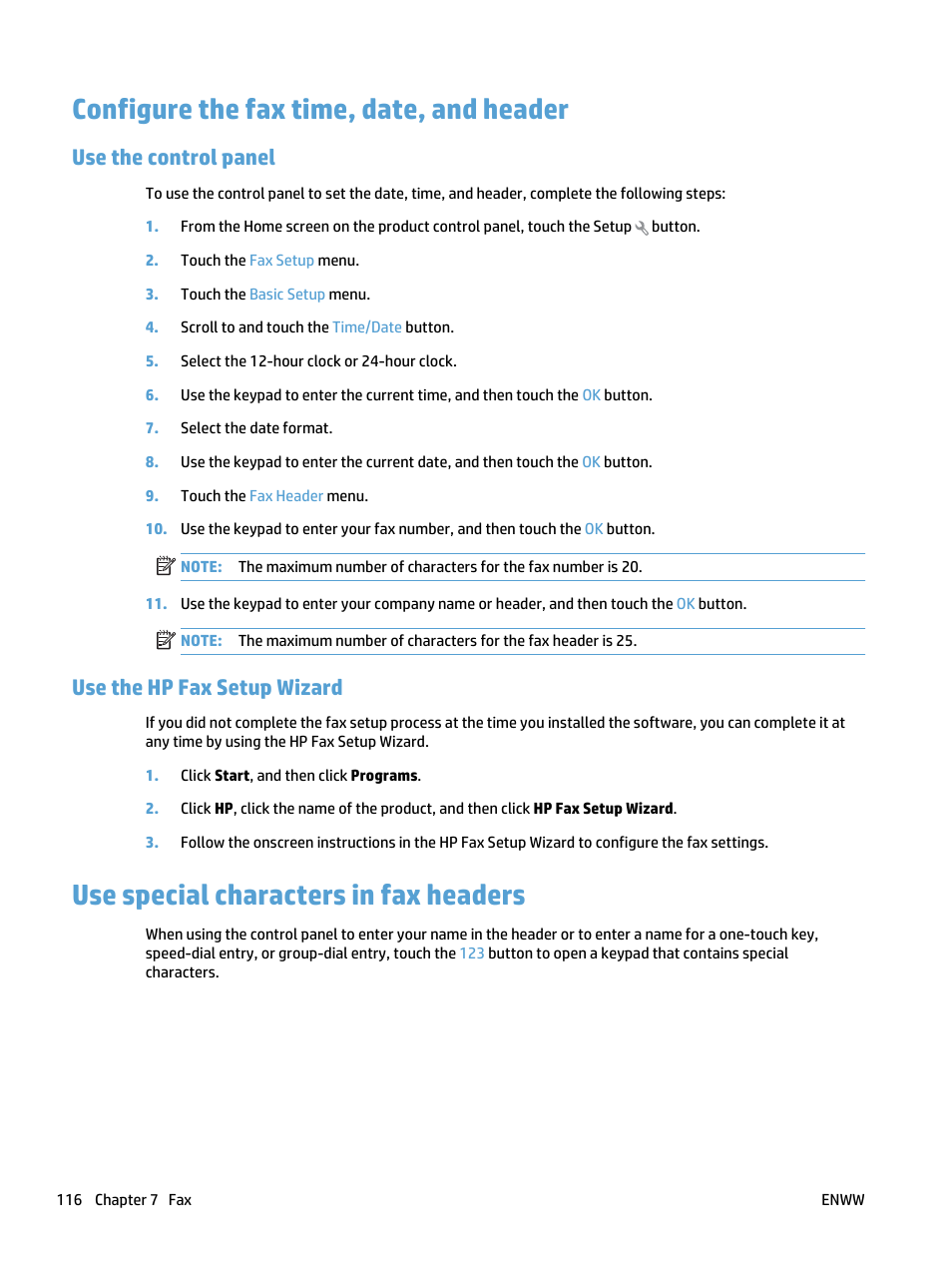 Configure the fax time, date, and header, Use the control panel, Use the hp fax setup wizard | Use special characters in fax headers, Use the control panel use the hp fax setup wizard | HP LaserJet Pro 500 Color MFP M570 User Manual | Page 130 / 252