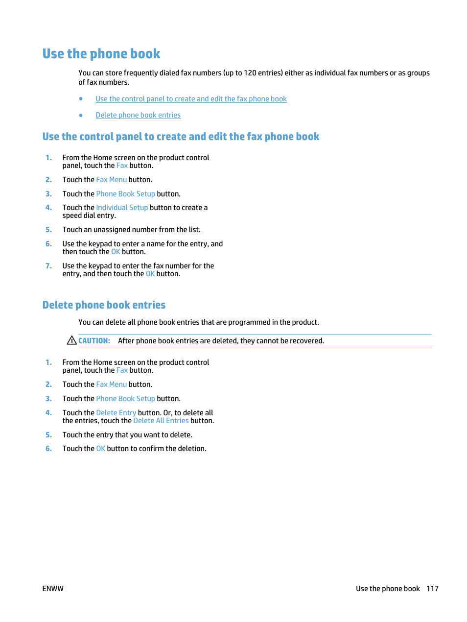 Use the phone book, Delete phone book entries | HP LaserJet Pro 500 Color MFP M570 User Manual | Page 131 / 252