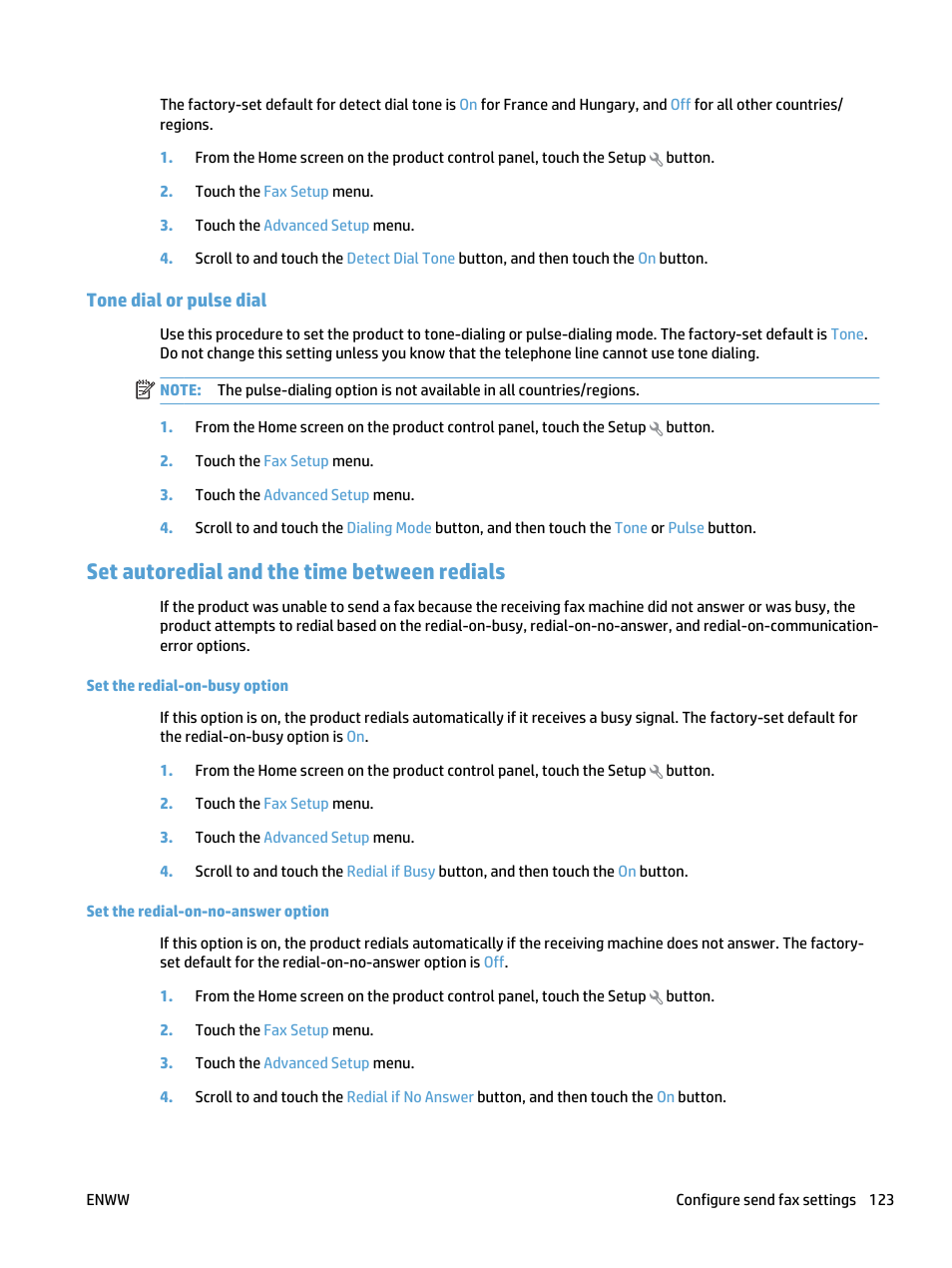 Tone dial or pulse dial, Set autoredial and the time between redials | HP LaserJet Pro 500 Color MFP M570 User Manual | Page 137 / 252