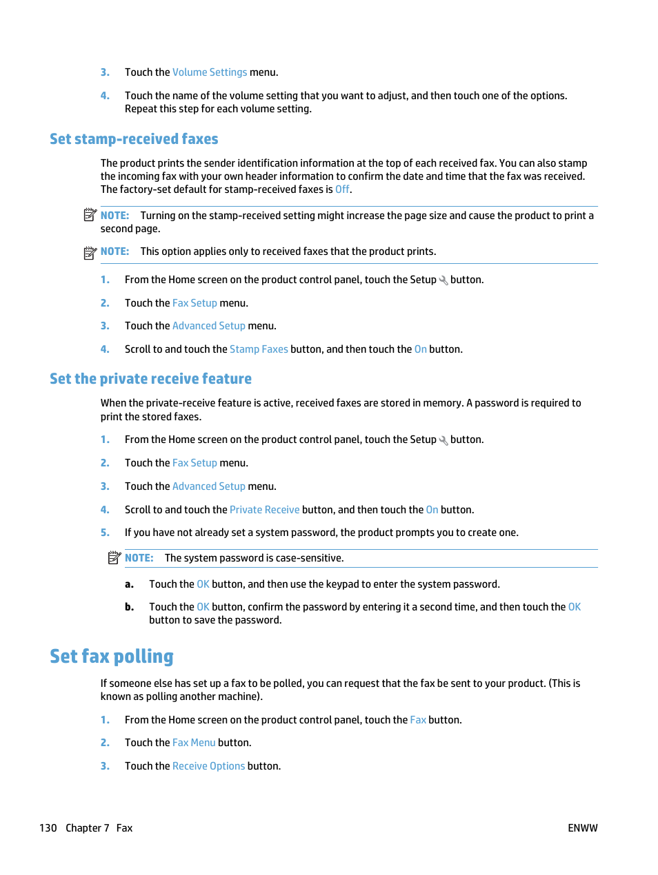 Set stamp-received faxes, Set the private receive feature, Set fax polling | HP LaserJet Pro 500 Color MFP M570 User Manual | Page 144 / 252