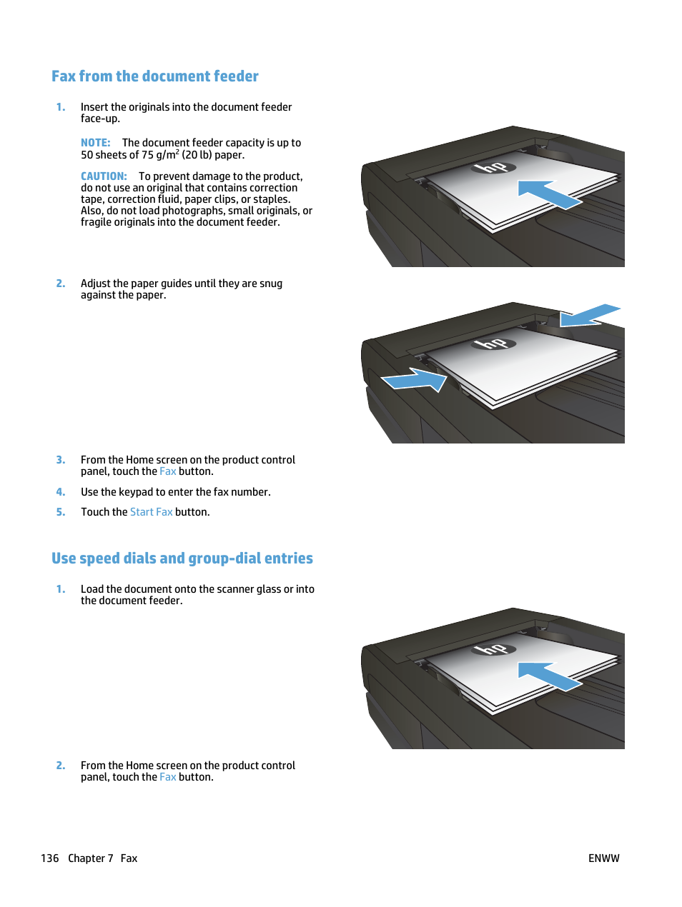 Fax from the document feeder, Use speed dials and group-dial entries | HP LaserJet Pro 500 Color MFP M570 User Manual | Page 150 / 252