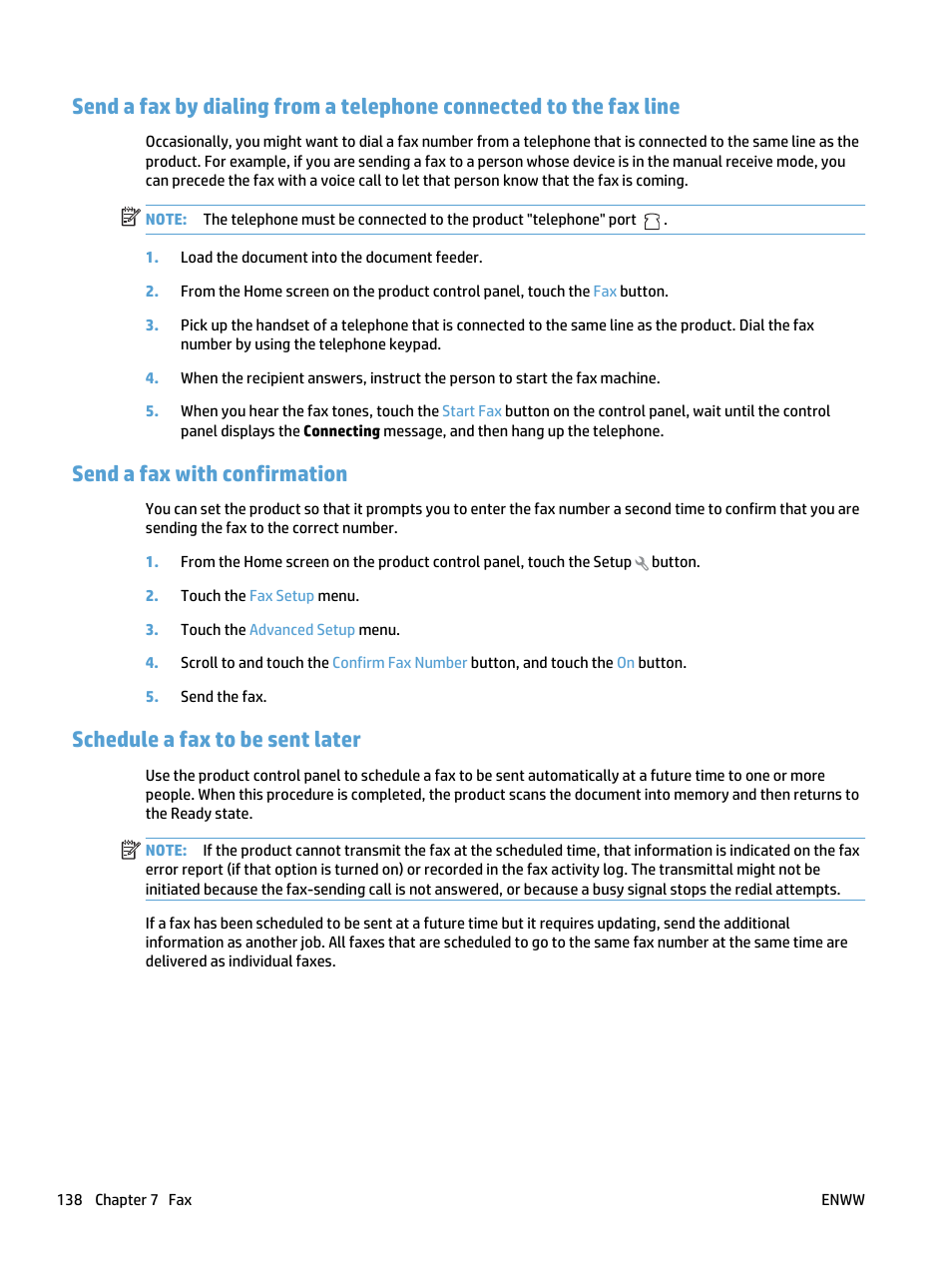 Send a fax with confirmation, Schedule a fax to be sent later | HP LaserJet Pro 500 Color MFP M570 User Manual | Page 152 / 252