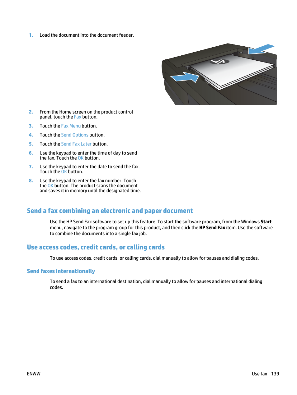 Use access codes, credit cards, or calling cards, Send faxes internationally | HP LaserJet Pro 500 Color MFP M570 User Manual | Page 153 / 252