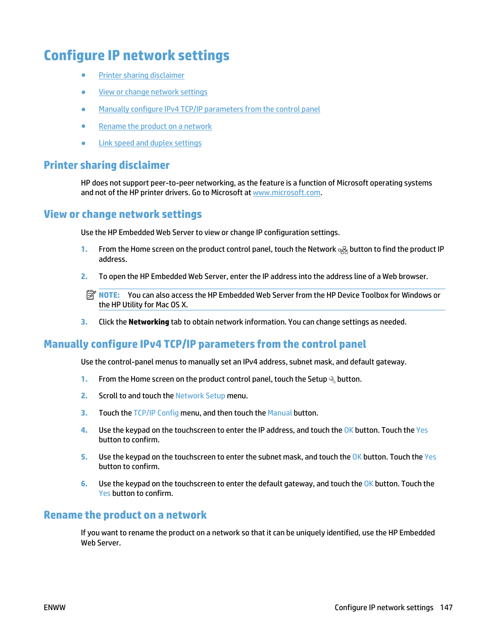 Configure ip network settings, Printer sharing disclaimer, View or change network settings | Rename the product on a network | HP LaserJet Pro 500 Color MFP M570 User Manual | Page 161 / 252