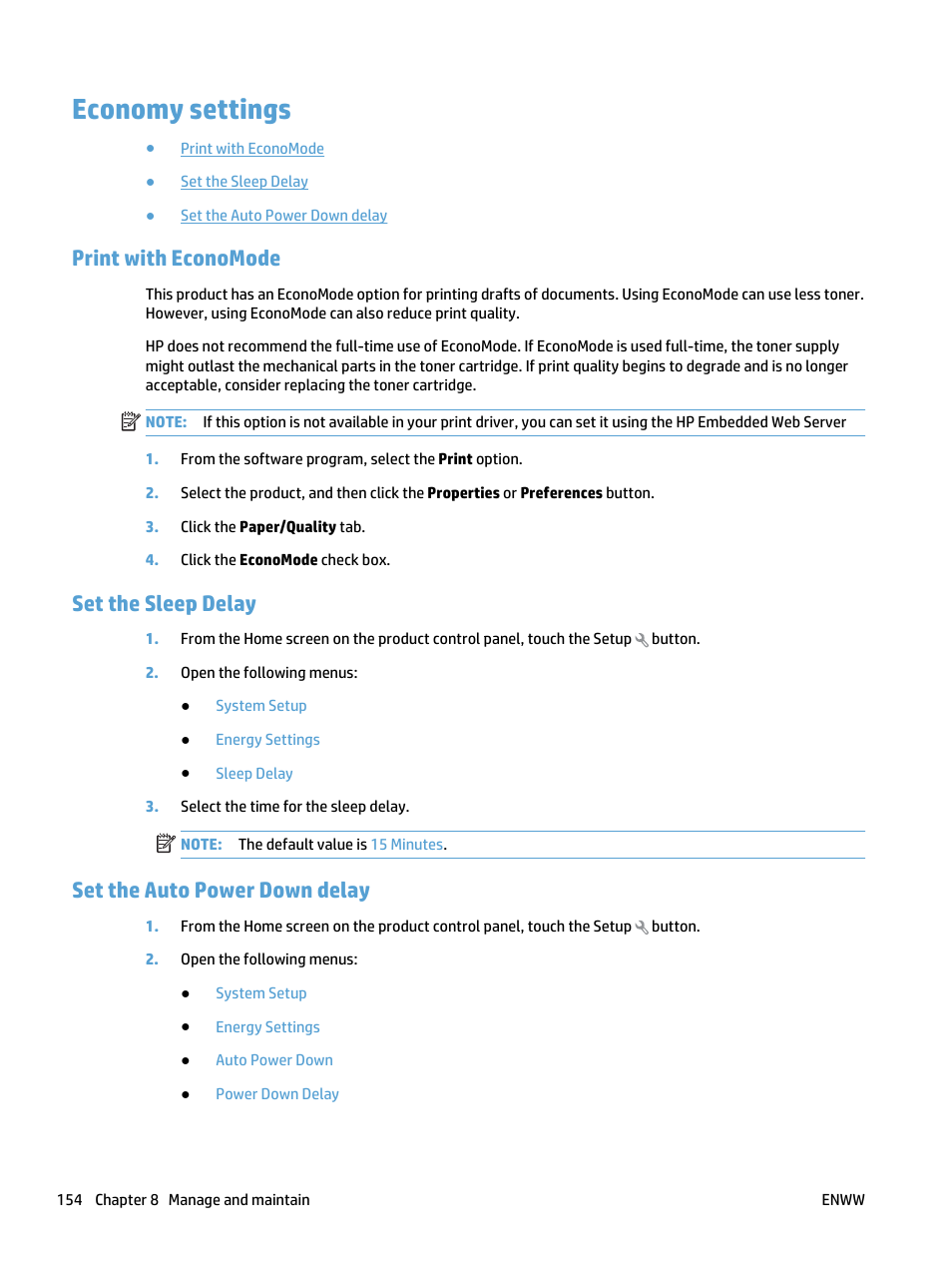 Economy settings, Print with economode, Set the sleep delay | Set the auto power down delay | HP LaserJet Pro 500 Color MFP M570 User Manual | Page 168 / 252