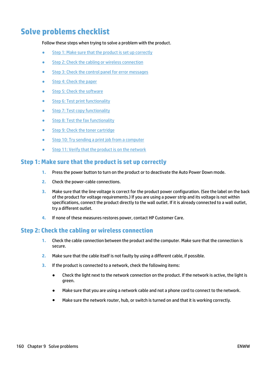 Solve problems checklist, Step 2: check the cabling or wireless connection | HP LaserJet Pro 500 Color MFP M570 User Manual | Page 174 / 252