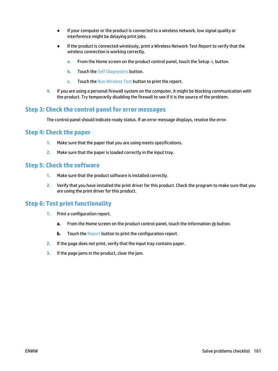 Step 3: check the control panel for error messages, Step 4: check the paper, Step 5: check the software | Step 6: test print functionality | HP LaserJet Pro 500 Color MFP M570 User Manual | Page 175 / 252