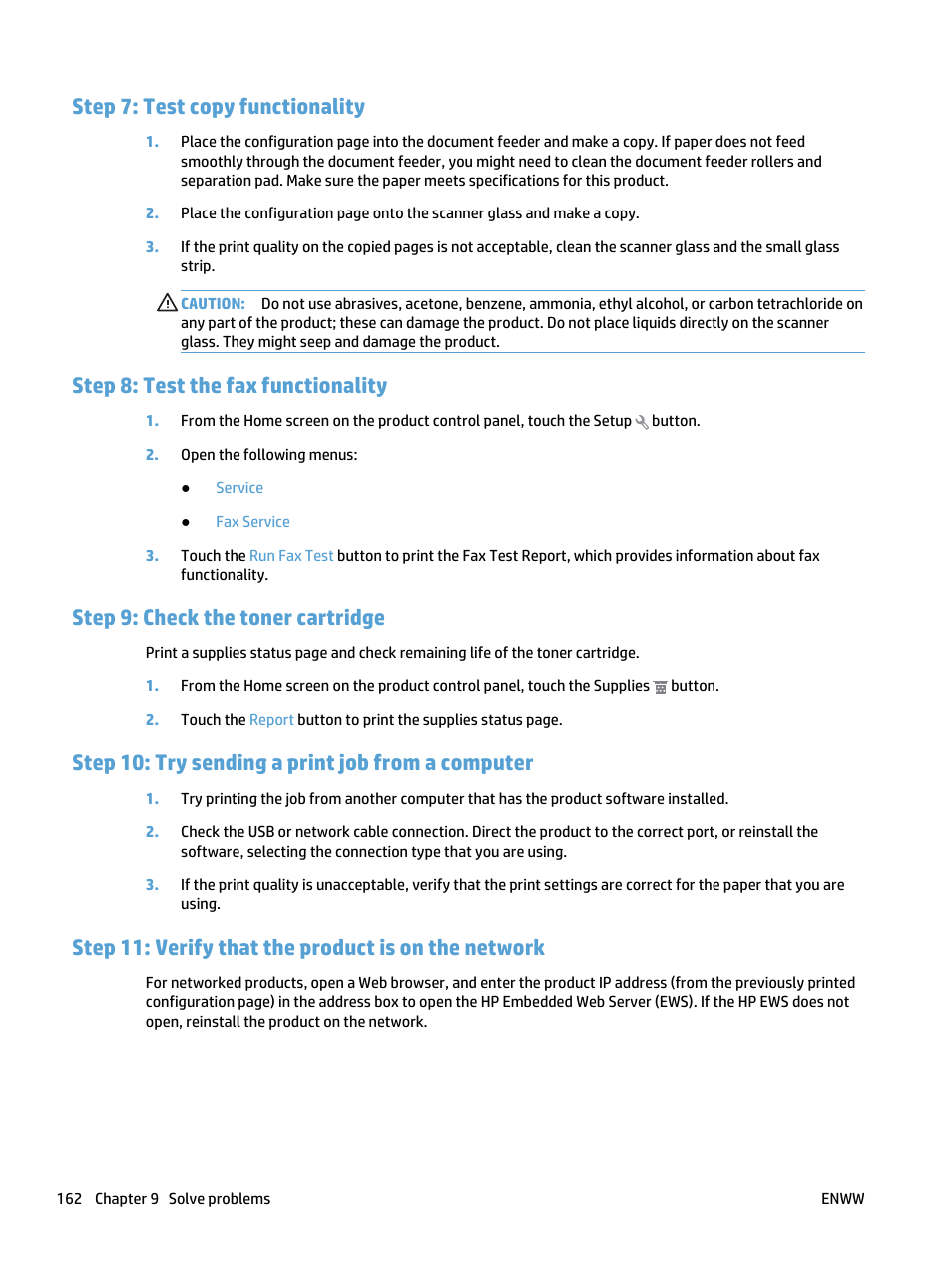 Step 7: test copy functionality, Step 8: test the fax functionality, Step 9: check the toner cartridge | Step 10: try sending a print job from a computer, Step 11: verify that the product is on the network | HP LaserJet Pro 500 Color MFP M570 User Manual | Page 176 / 252
