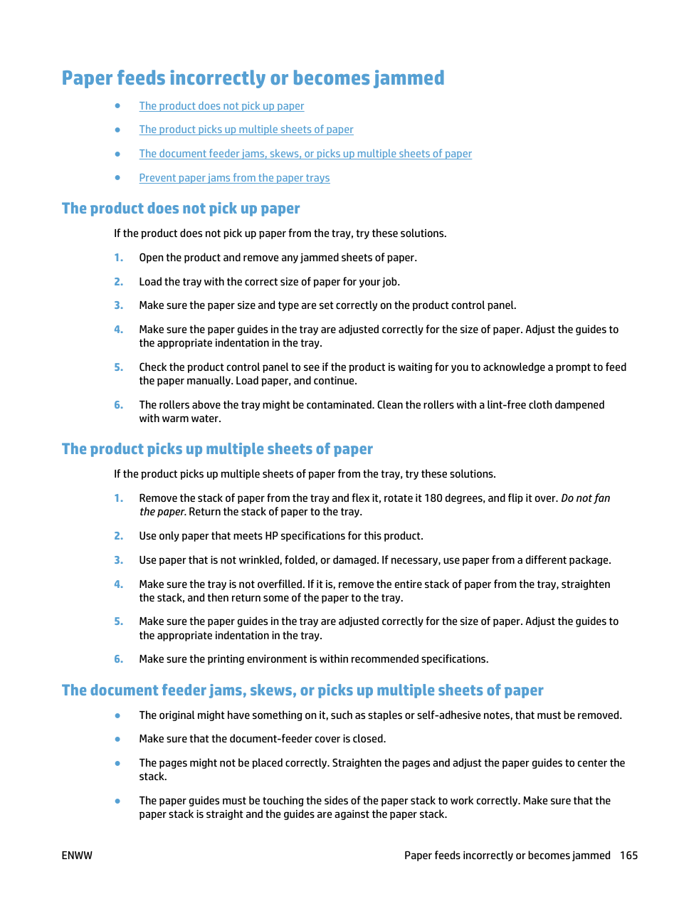 Paper feeds incorrectly or becomes jammed, The product does not pick up paper, The product picks up multiple sheets of paper | HP LaserJet Pro 500 Color MFP M570 User Manual | Page 179 / 252