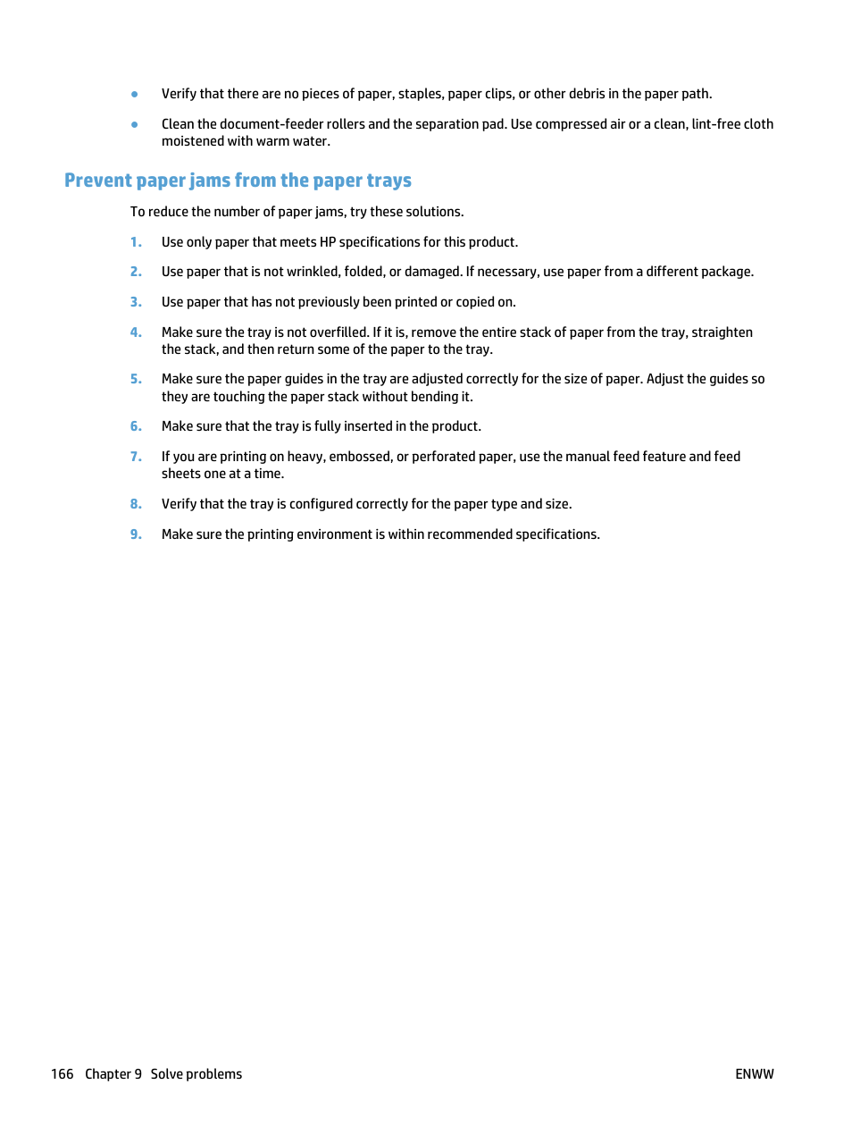 Prevent paper jams from the paper trays | HP LaserJet Pro 500 Color MFP M570 User Manual | Page 180 / 252