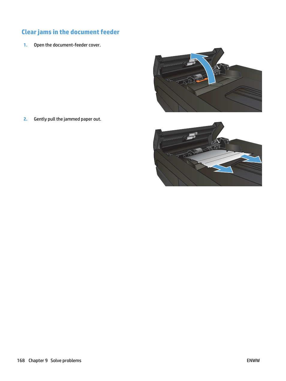 Clear jams in the document feeder | HP LaserJet Pro 500 Color MFP M570 User Manual | Page 182 / 252