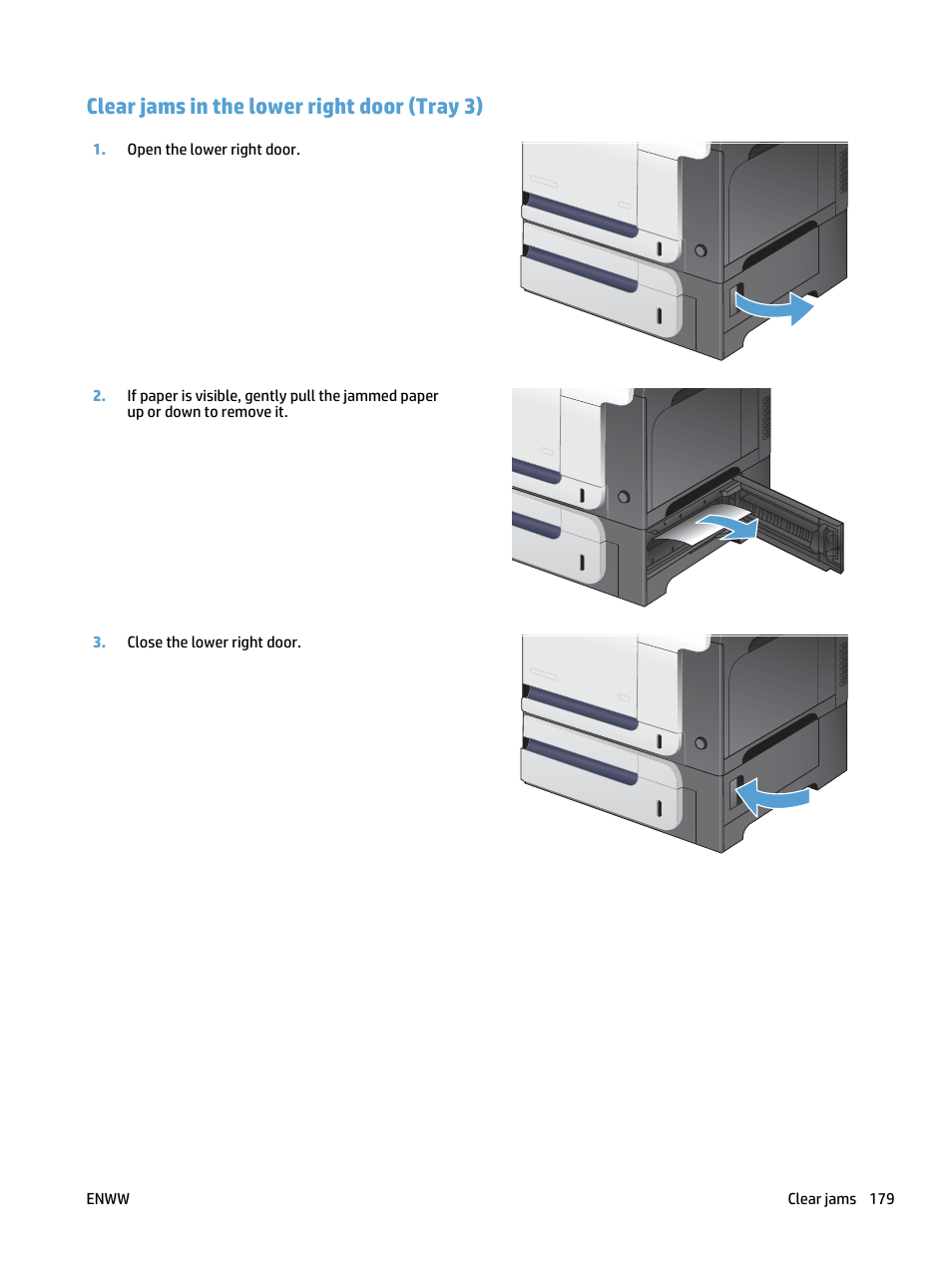 Clear jams in the lower right door (tray 3) | HP LaserJet Pro 500 Color MFP M570 User Manual | Page 193 / 252