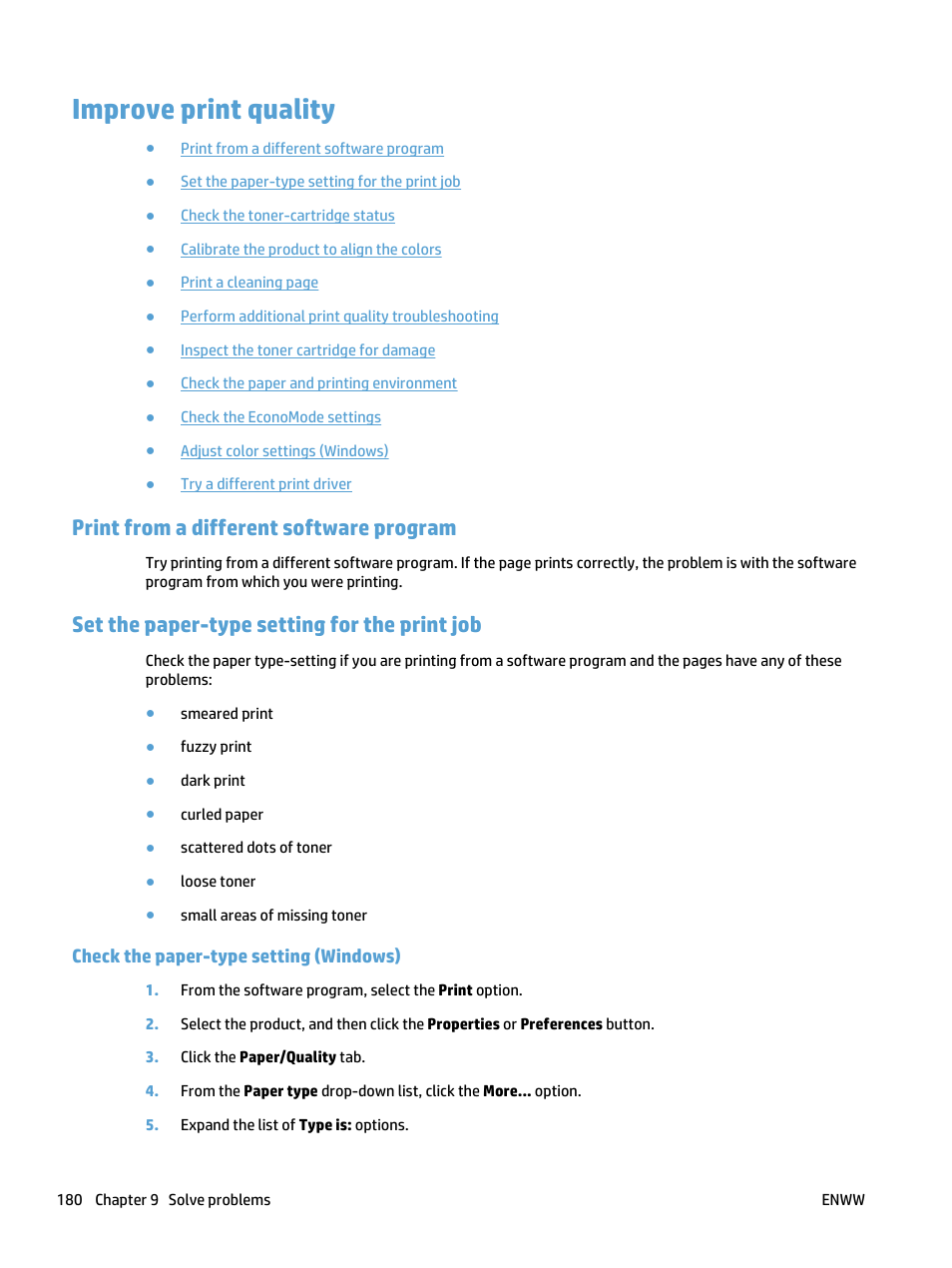 Improve print quality, Print from a different software program, Set the paper-type setting for the print job | Check the paper-type setting (windows) | HP LaserJet Pro 500 Color MFP M570 User Manual | Page 194 / 252