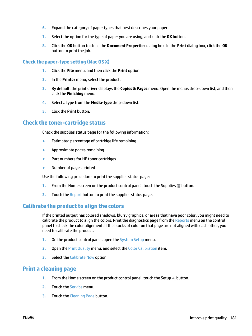 Check the paper-type setting (mac os x), Check the toner-cartridge status, Calibrate the product to align the colors | Print a cleaning page | HP LaserJet Pro 500 Color MFP M570 User Manual | Page 195 / 252