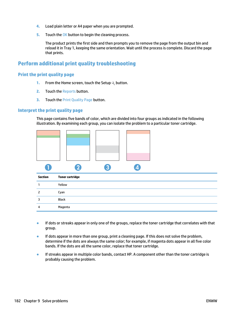 Perform additional print quality troubleshooting, Print the print quality page, Interpret the print quality page | HP LaserJet Pro 500 Color MFP M570 User Manual | Page 196 / 252
