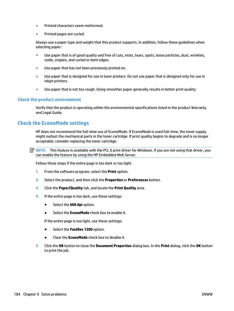 Check the product environment, Check the economode settings | HP LaserJet Pro 500 Color MFP M570 User Manual | Page 198 / 252