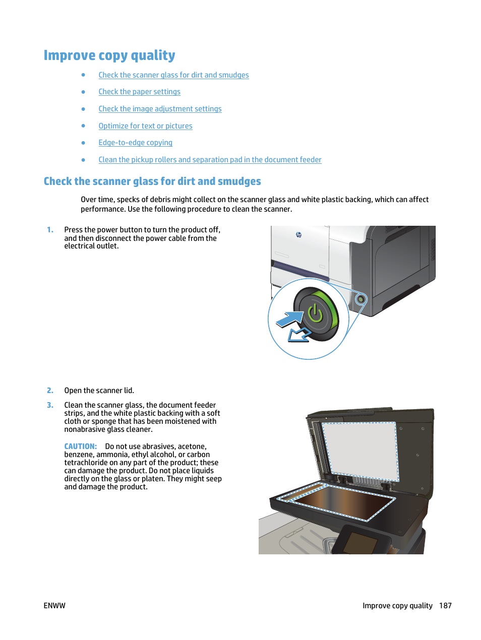Improve copy quality, Check the scanner glass for dirt and smudges | HP LaserJet Pro 500 Color MFP M570 User Manual | Page 201 / 252