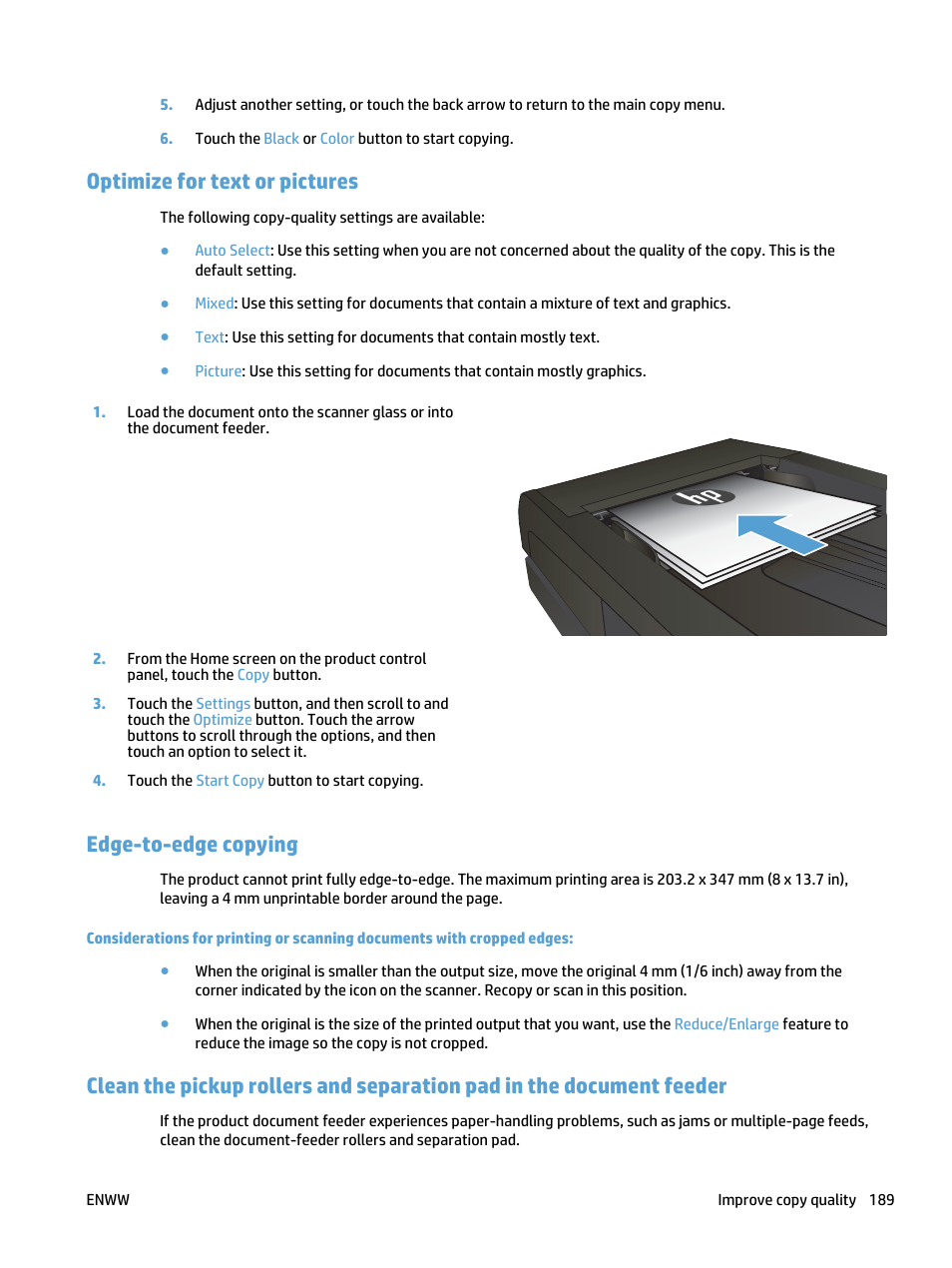 Optimize for text or pictures, Edge-to-edge copying | HP LaserJet Pro 500 Color MFP M570 User Manual | Page 203 / 252