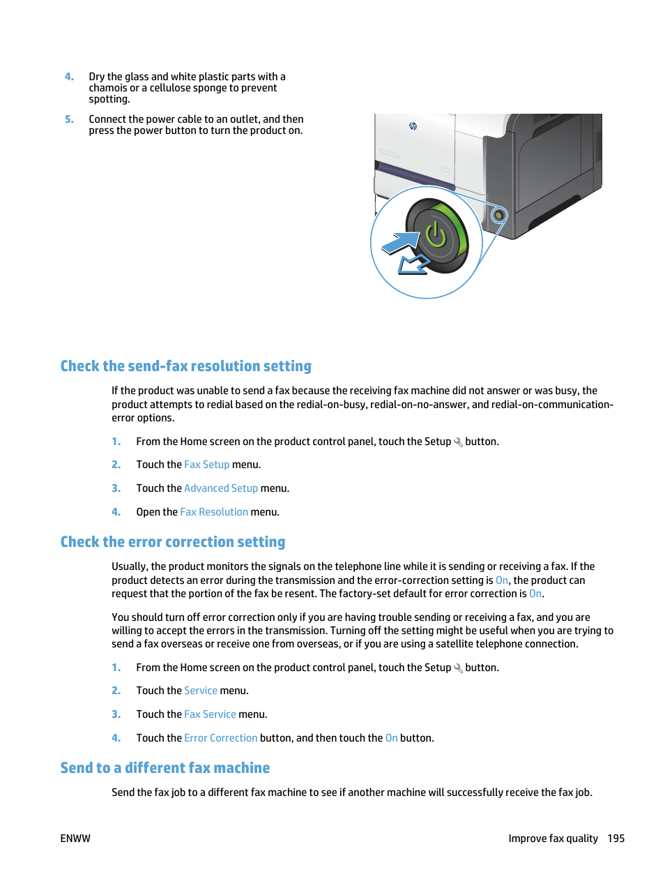 Check the send-fax resolution setting, Check the error correction setting, Send to a different fax machine | HP LaserJet Pro 500 Color MFP M570 User Manual | Page 209 / 252