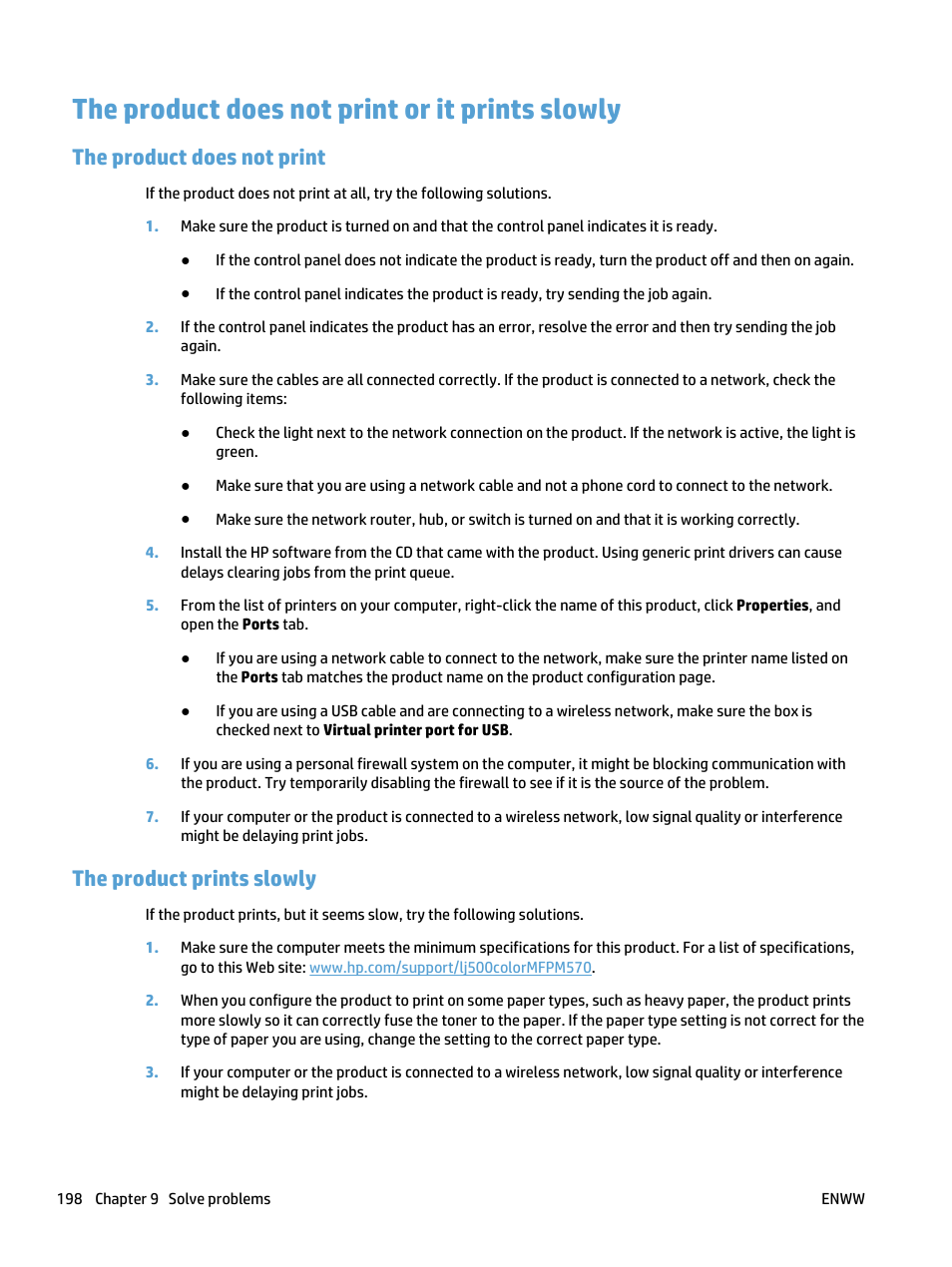 The product does not print or it prints slowly, The product does not print, The product prints slowly | HP LaserJet Pro 500 Color MFP M570 User Manual | Page 212 / 252