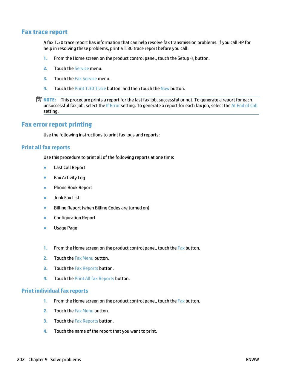 Fax trace report, Fax error report printing, Print all fax reports | Print individual fax reports, Fax trace report fax error report printing, Print all fax reports print individual fax reports | HP LaserJet Pro 500 Color MFP M570 User Manual | Page 216 / 252