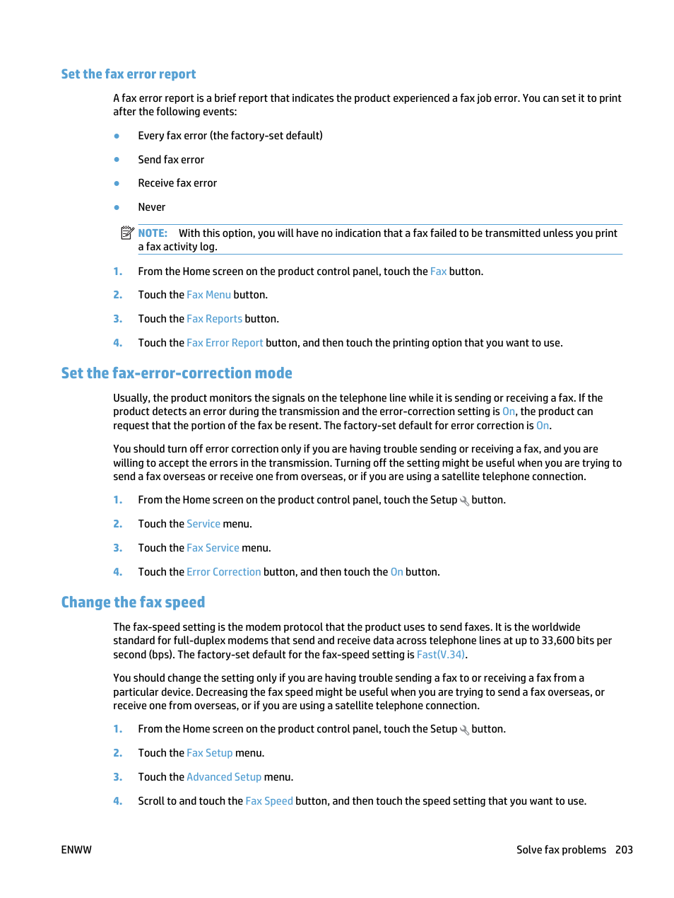 Set the fax error report, Set the fax-error-correction mode, Change the fax speed | HP LaserJet Pro 500 Color MFP M570 User Manual | Page 217 / 252