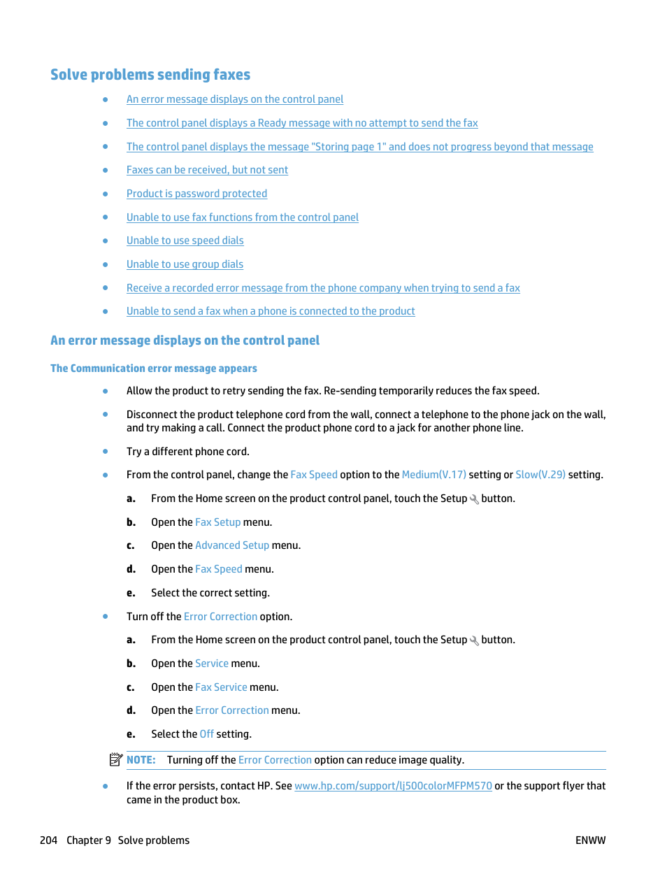 Solve problems sending faxes, An error message displays on the control panel, The communication error message appears | HP LaserJet Pro 500 Color MFP M570 User Manual | Page 218 / 252