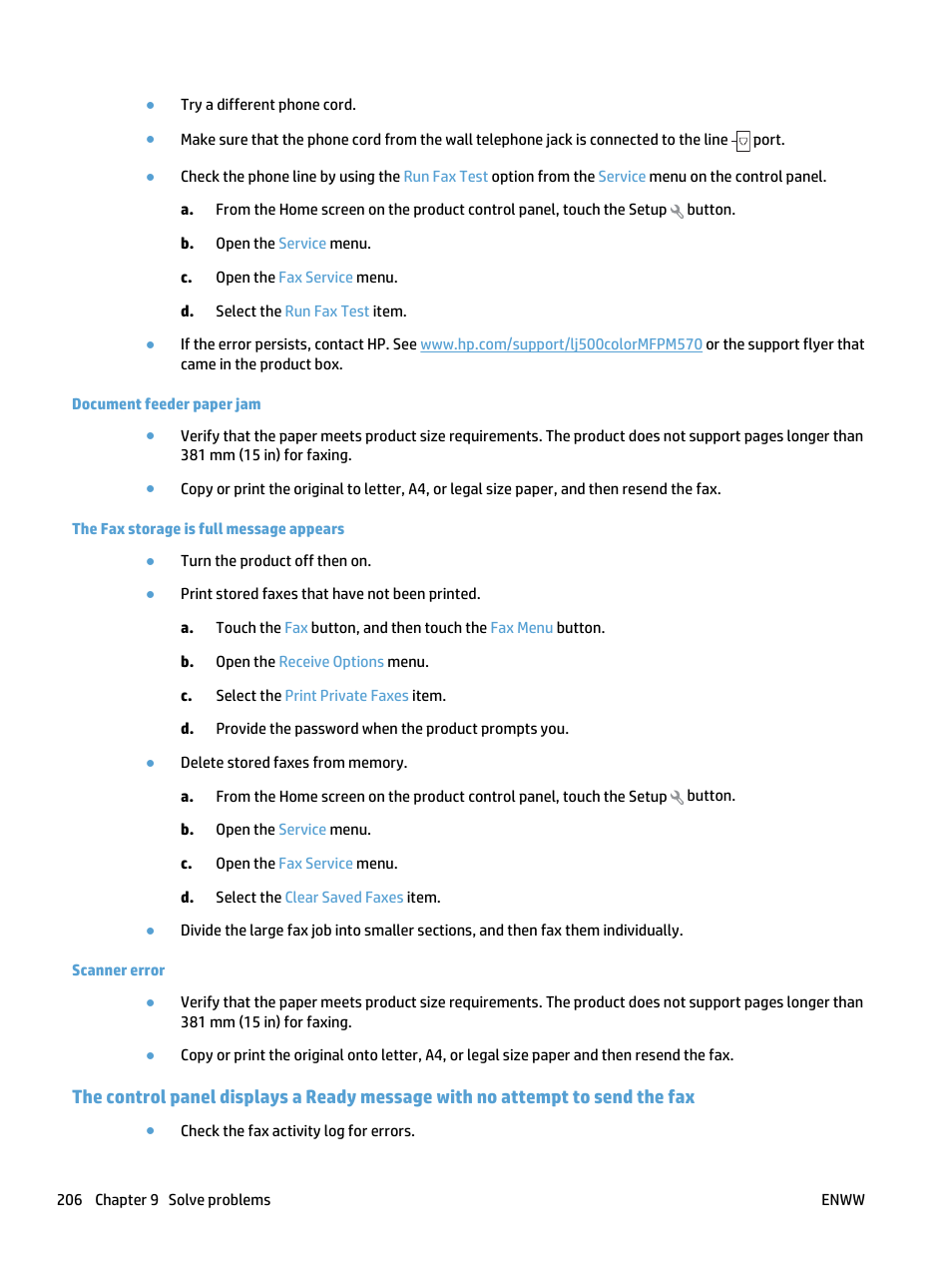 Document feeder paper jam, The fax storage is full message appears, Scanner error | HP LaserJet Pro 500 Color MFP M570 User Manual | Page 220 / 252