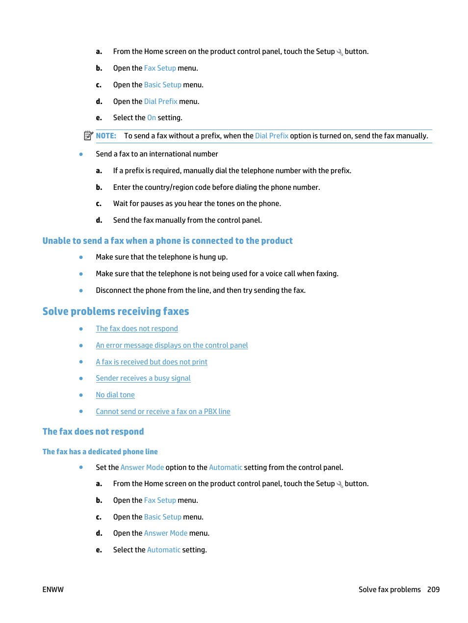 Solve problems receiving faxes, The fax does not respond, The fax has a dedicated phone line | HP LaserJet Pro 500 Color MFP M570 User Manual | Page 223 / 252