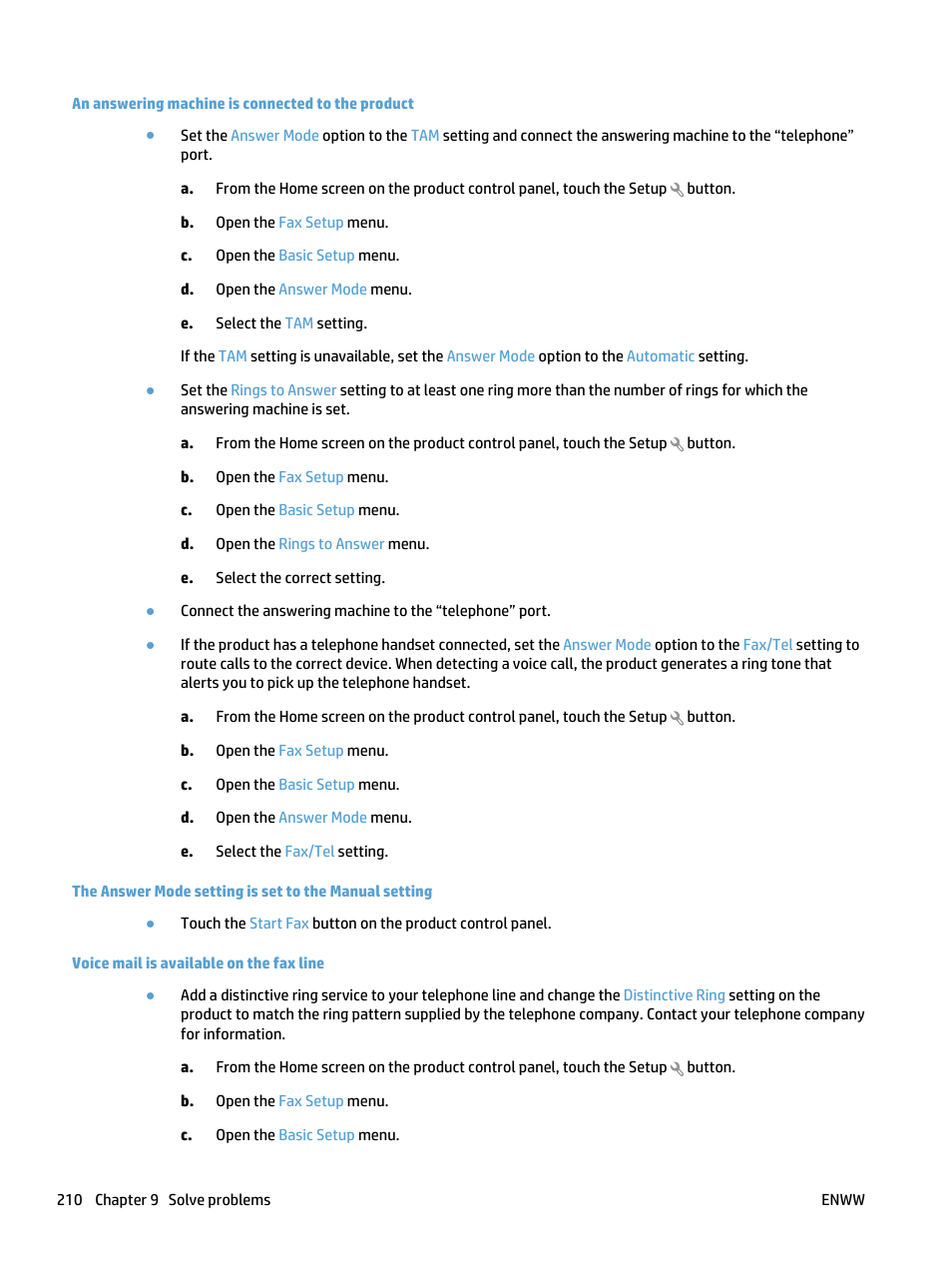 An answering machine is connected to the product, Voice mail is available on the fax line | HP LaserJet Pro 500 Color MFP M570 User Manual | Page 224 / 252