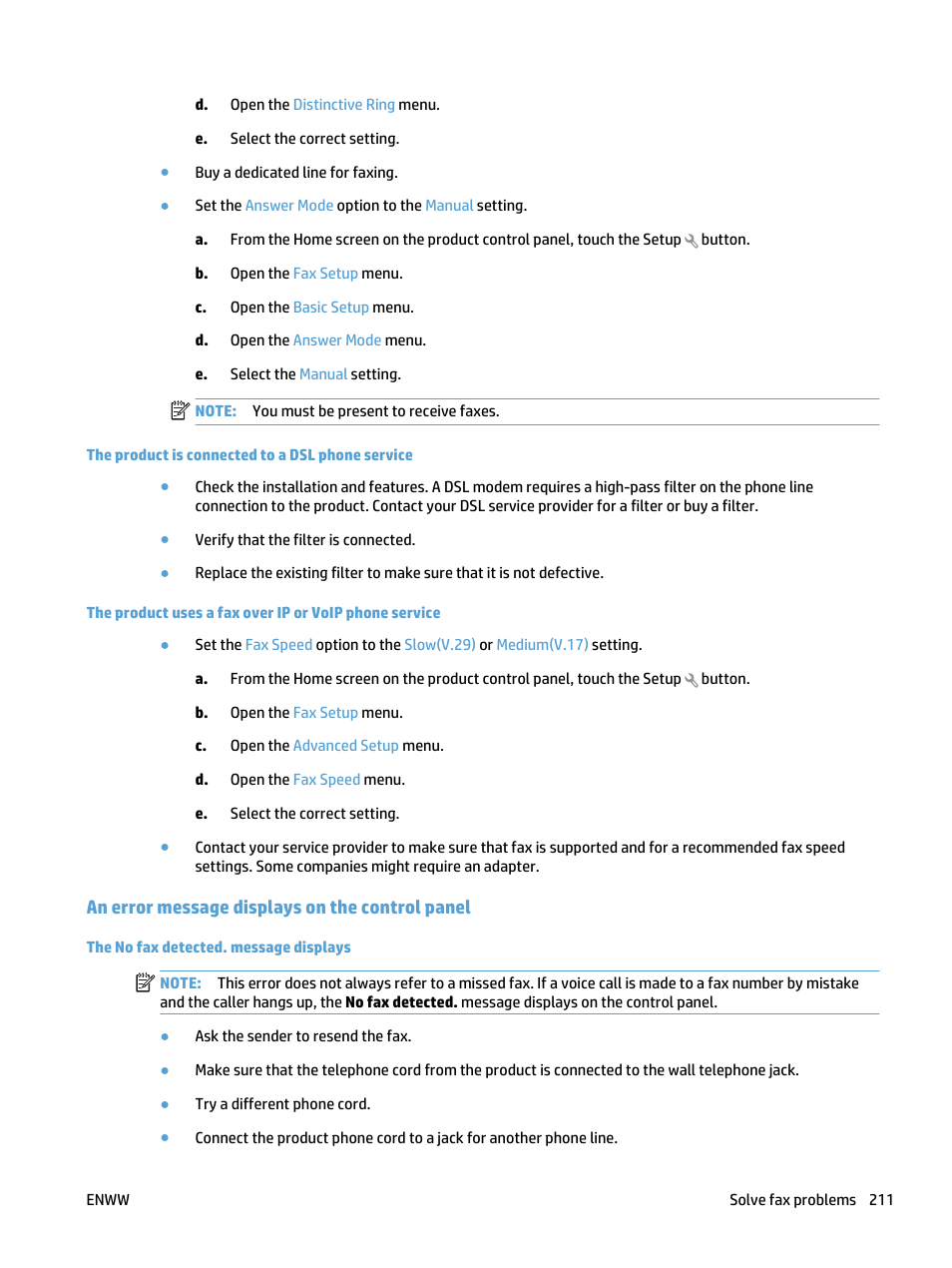 The product is connected to a dsl phone service, An error message displays on the control panel, The no fax detected. message displays | HP LaserJet Pro 500 Color MFP M570 User Manual | Page 225 / 252