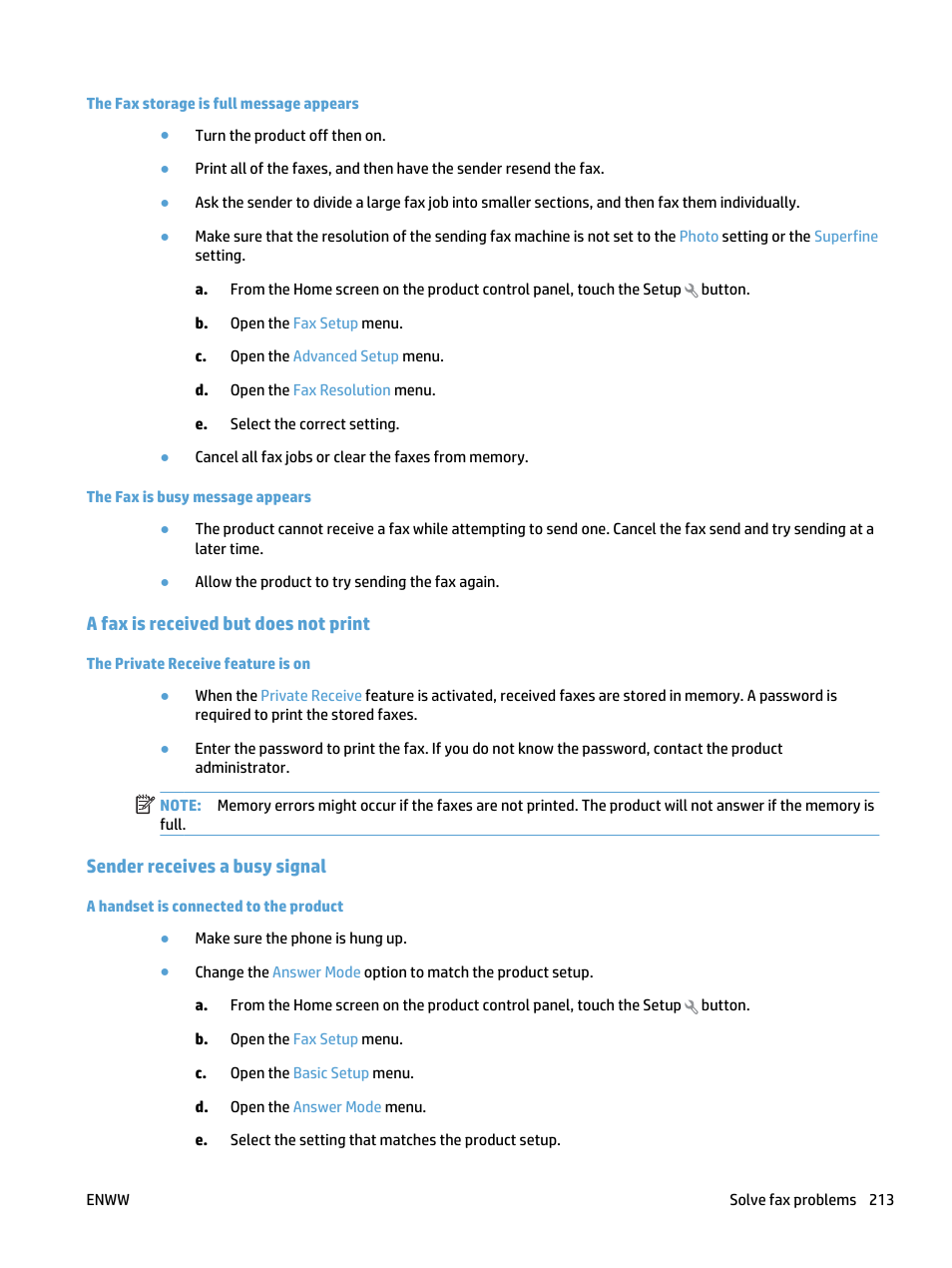 The fax storage is full message appears, The fax is busy message appears, A fax is received but does not print | The private receive feature is on, Sender receives a busy signal, A handset is connected to the product | HP LaserJet Pro 500 Color MFP M570 User Manual | Page 227 / 252