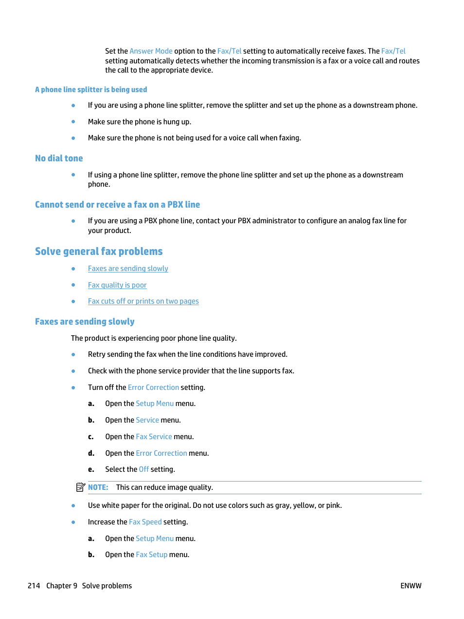 A phone line splitter is being used, No dial tone, Cannot send or receive a fax on a pbx line | Solve general fax problems, Faxes are sending slowly | HP LaserJet Pro 500 Color MFP M570 User Manual | Page 228 / 252