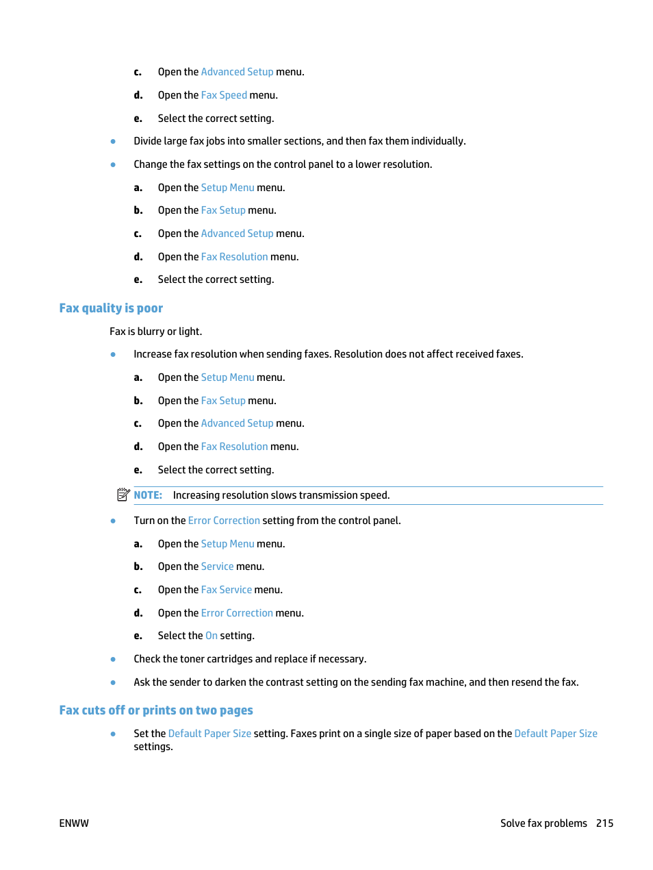 Fax quality is poor | HP LaserJet Pro 500 Color MFP M570 User Manual | Page 229 / 252