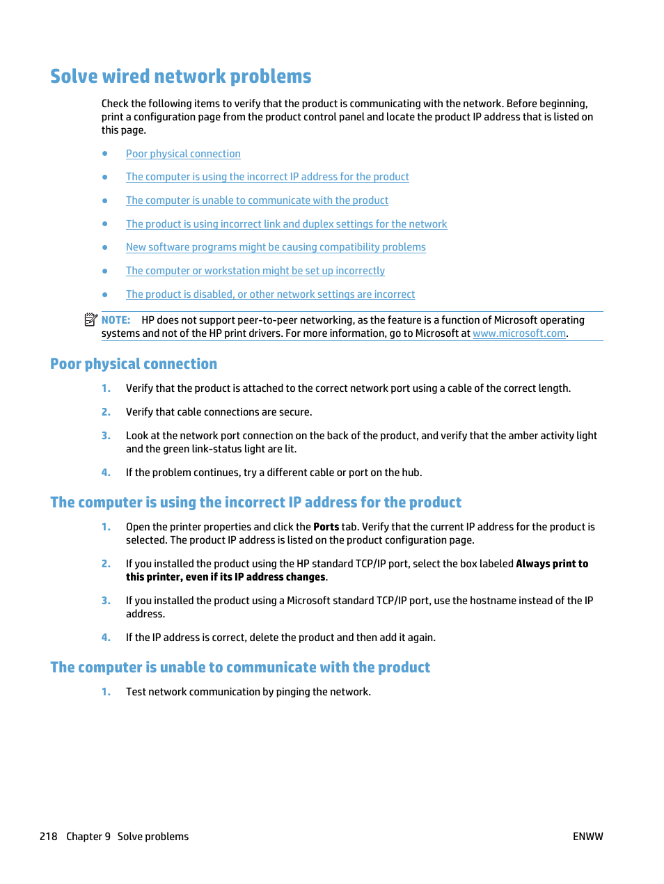 Solve wired network problems, Poor physical connection | HP LaserJet Pro 500 Color MFP M570 User Manual | Page 232 / 252